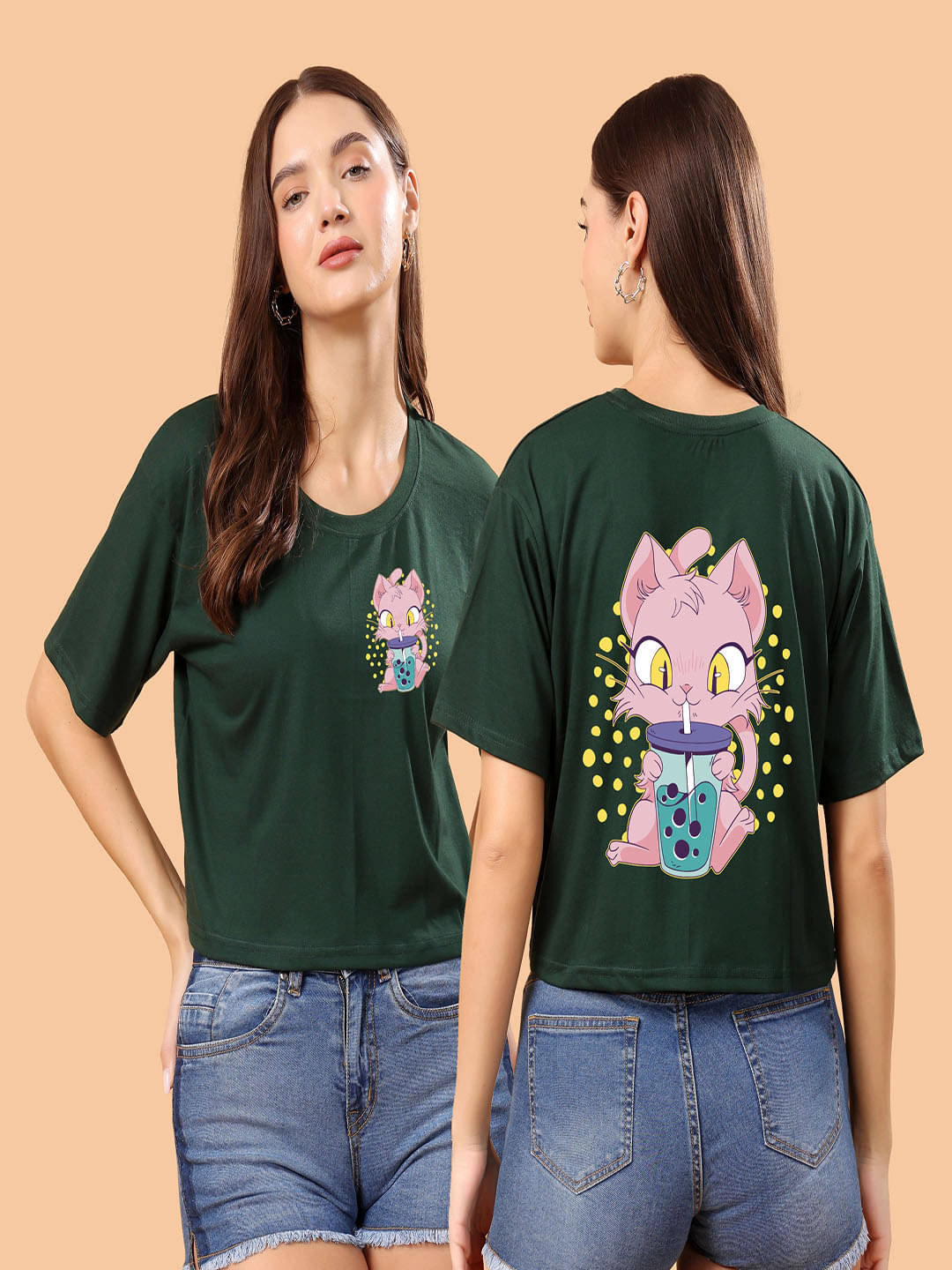     			SWIFTLY Women Cotton Printed Oversized Fit Round Neck T-Shirt ( Bottle Green )