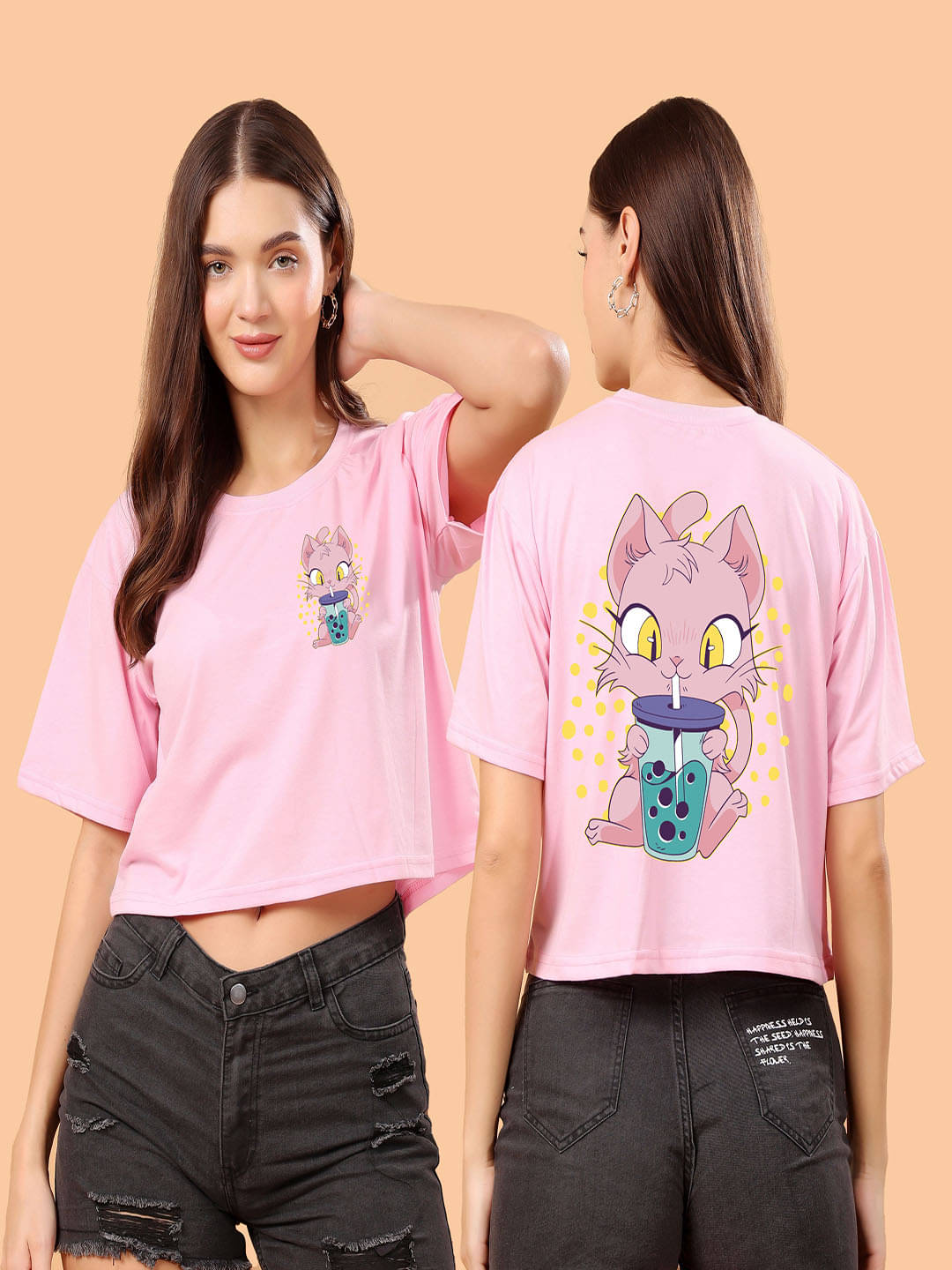 SWIFTLY Women Cotton Printed Oversized Fit Round Neck T-Shirt ( Pink )     			SWIFTLY Women Cotton Printed Oversized Fit Round Neck T-Shirt ( Pink )