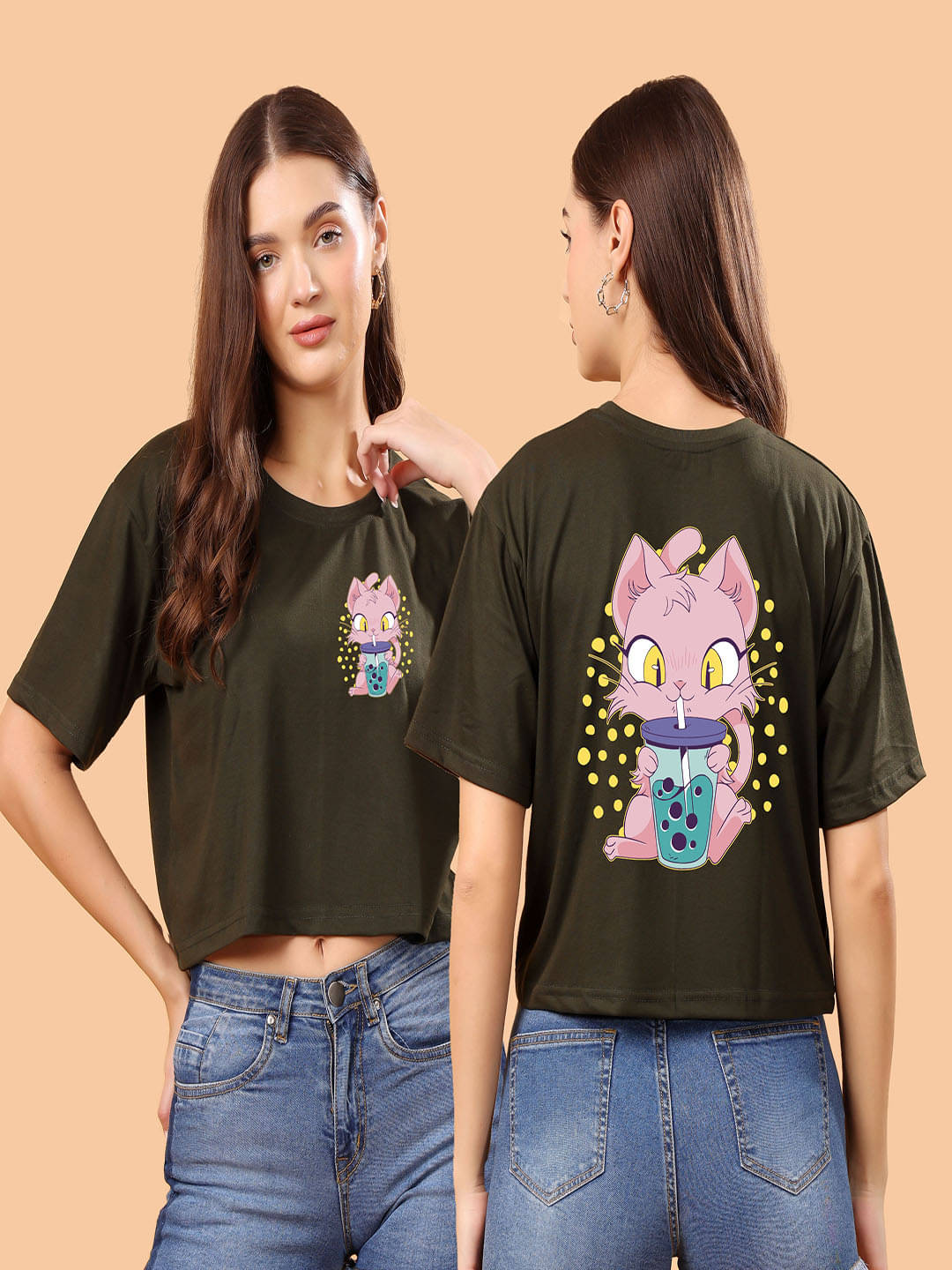 SWIFTLY Women Cotton Printed Oversized Fit Round Neck T-Shirt ( Olive ) SWIFTLY Women Cotton Printed Oversized Fit Round Neck T-Shirt ( Olive )