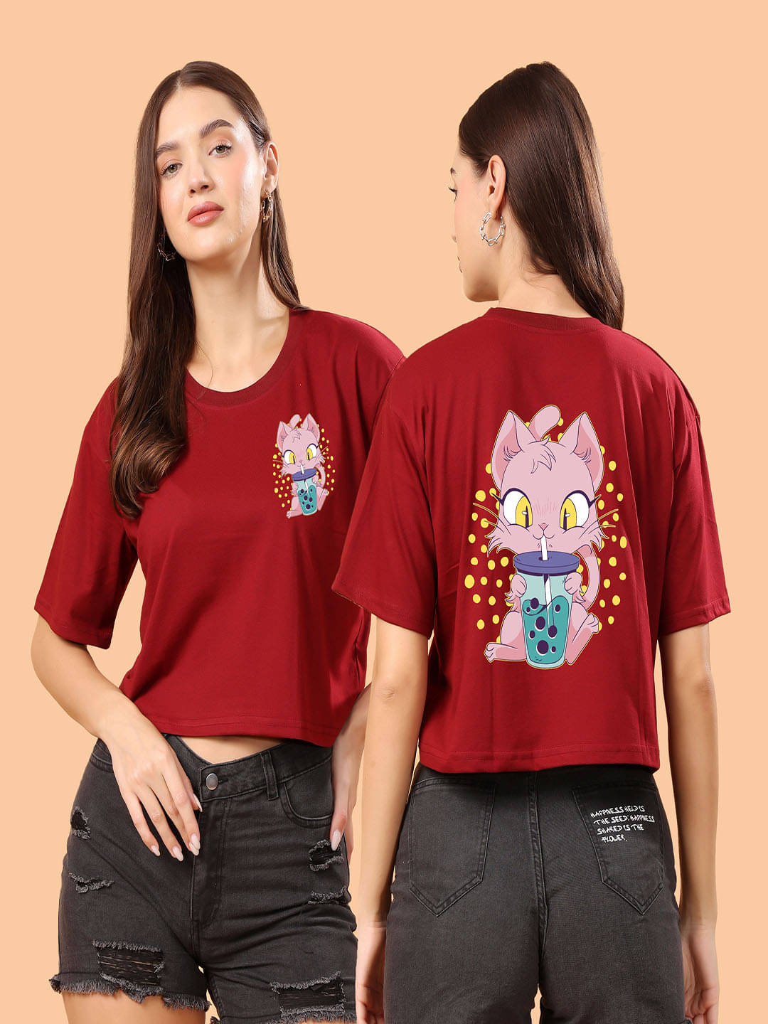 SWIFTLY Women Cotton Printed Oversized Fit Round Neck T-Shirt ( Maroon ) SWIFTLY Women Cotton Printed Oversized Fit Round Neck T-Shirt ( Maroon )