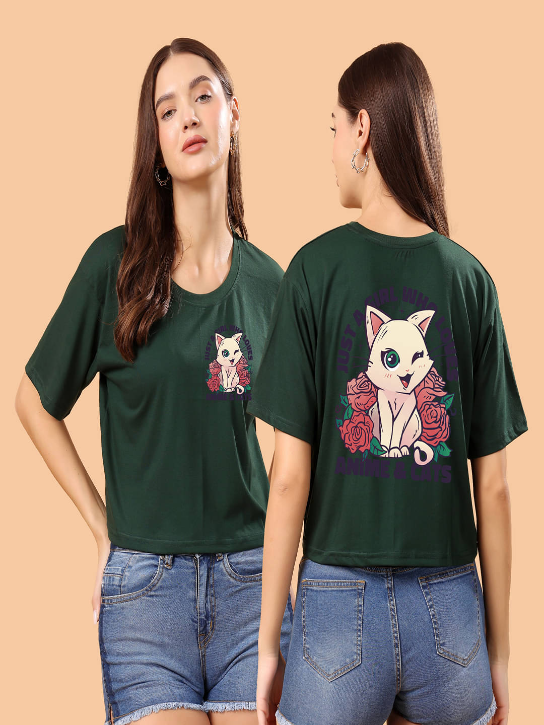     			SWIFTLY Women Cotton Printed Oversized Fit Round Neck T-Shirt ( Bottle Green )
