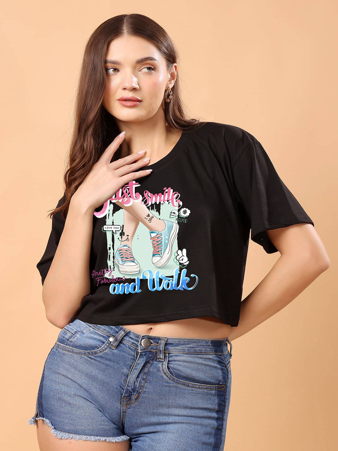     			SWIFTLY Women Cotton Printed Oversized Fit Round Neck T-Shirt ( Black )