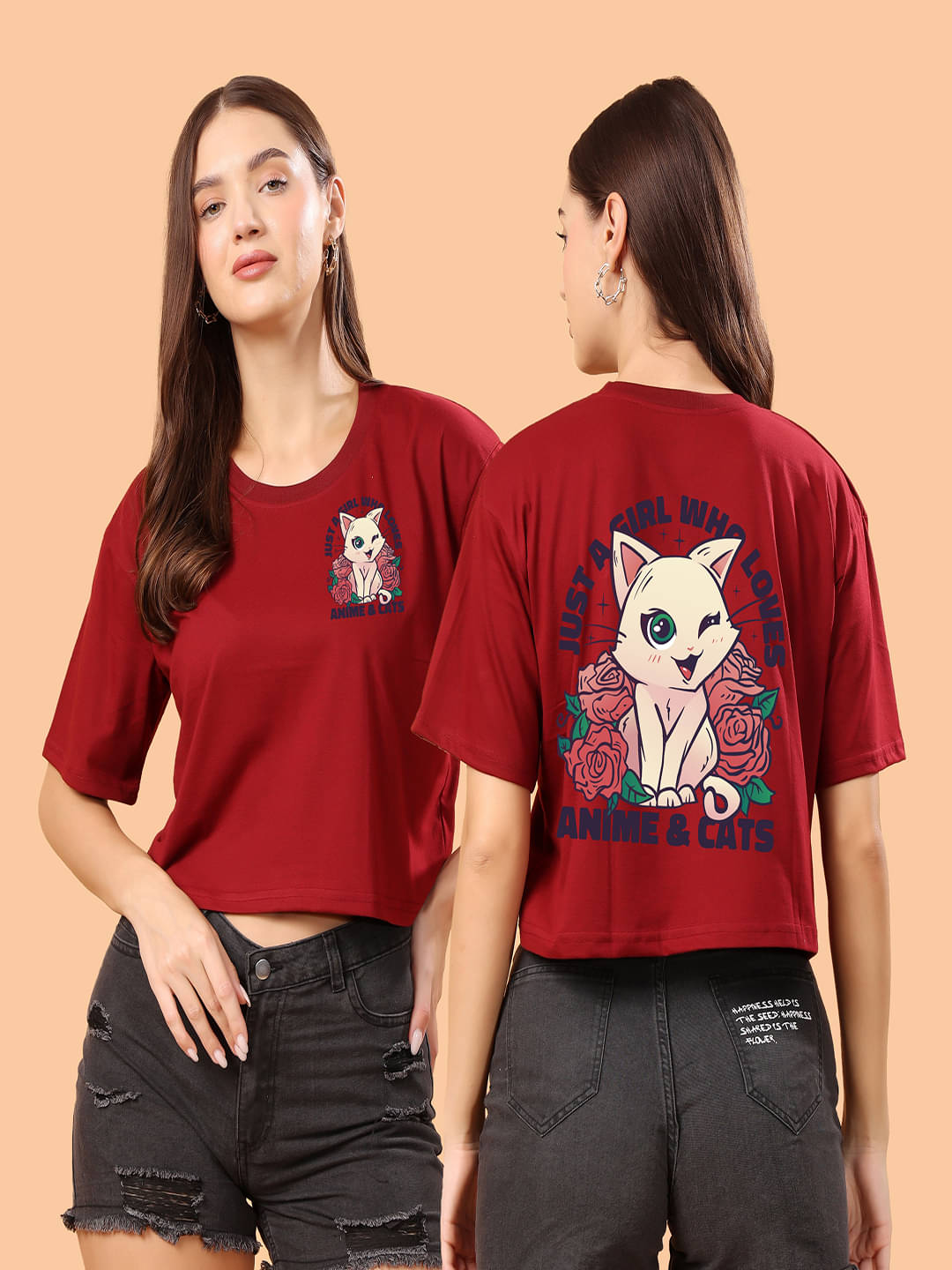 SWIFTLY Women Cotton Printed Oversized Fit Round Neck T-Shirt ( Maroon )     			SWIFTLY Women Cotton Printed Oversized Fit Round Neck T-Shirt ( Maroon )