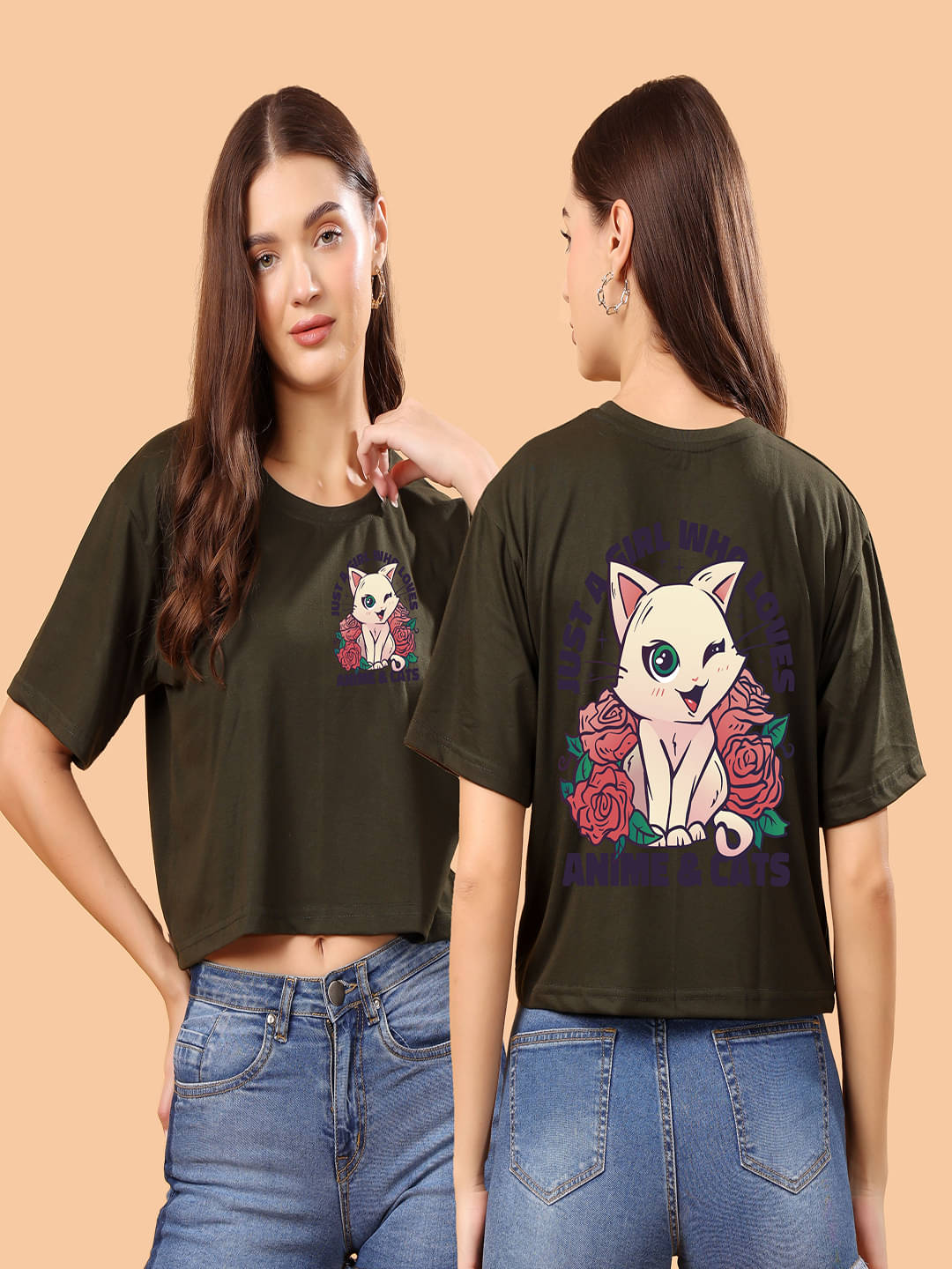     			SWIFTLY Women Cotton Printed Oversized Fit Round Neck T-Shirt ( Olive )