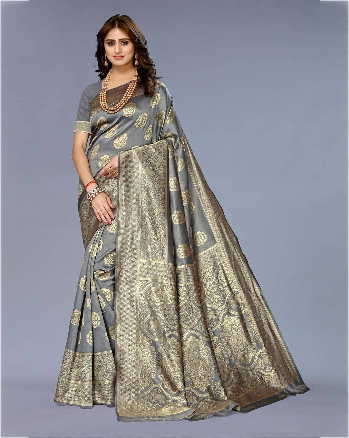     			YUGAVEERAA Art Silk Woven Saree With Unstitched Blouse Piece ( Grey )