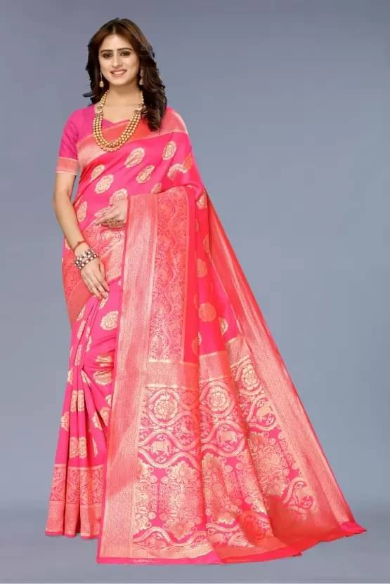     			YUGAVEERAA Art Silk Woven Saree With Unstitched Blouse Piece ( Pink )