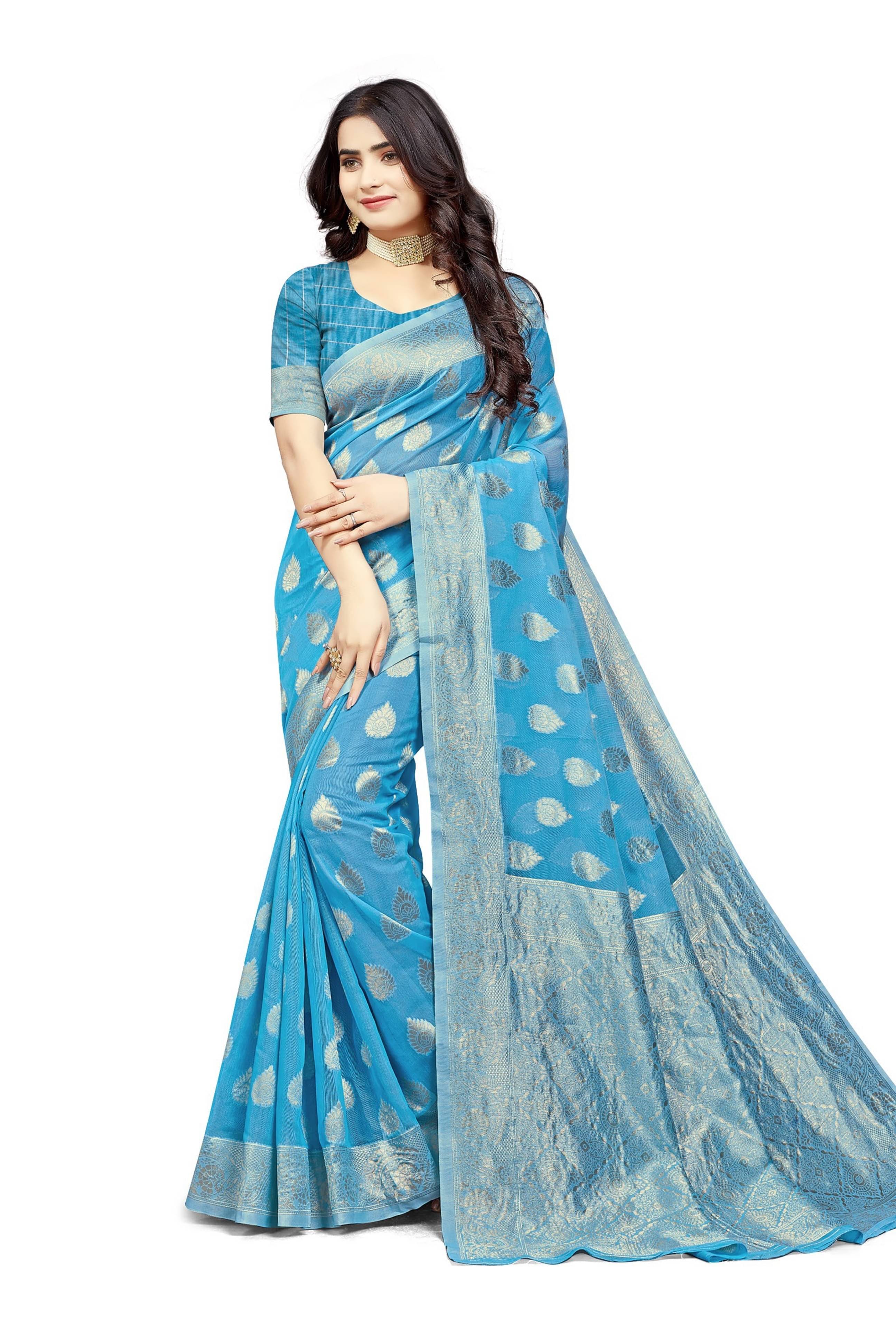 YUGAVEERAA Cotton Embellished Saree With Unstitched Blouse Piece ( Light Blue )     			YUGAVEERAA Cotton Embellished Saree With Unstitched Blouse Piece ( Light Blue )