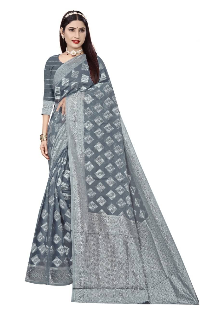 YUGAVEERAA Cotton Embellished Saree With Unstitched Blouse Piece ( Grey ) YUGAVEERAA Cotton Embellished Saree With Unstitched Blouse Piece ( Grey )