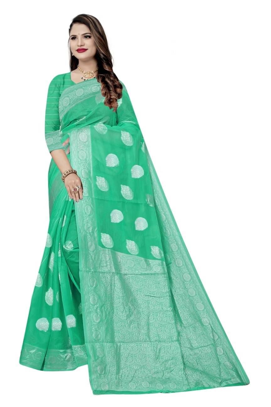     			YUGAVEERAA Cotton Embellished Saree With Unstitched Blouse Piece ( Rama )
