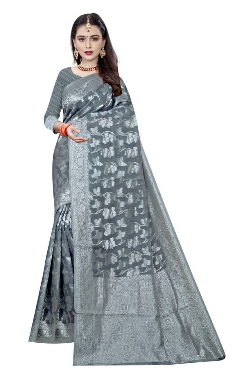    			YUGAVEERAA Cotton Embellished Saree With Unstitched Blouse Piece ( Grey )