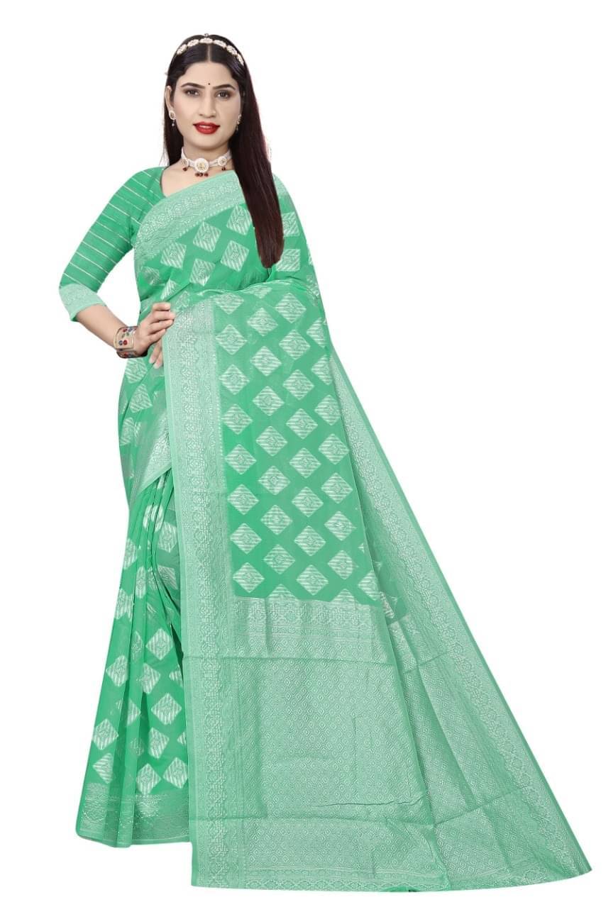YUGAVEERAA Cotton Embellished Saree With Unstitched Blouse Piece ( Rama ) YUGAVEERAA Cotton Embellished Saree With Unstitched Blouse Piece ( Rama )