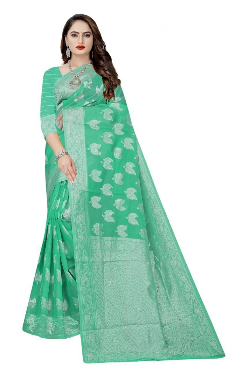     			YUGAVEERAA Cotton Embellished Saree With Unstitched Blouse Piece ( Rama )