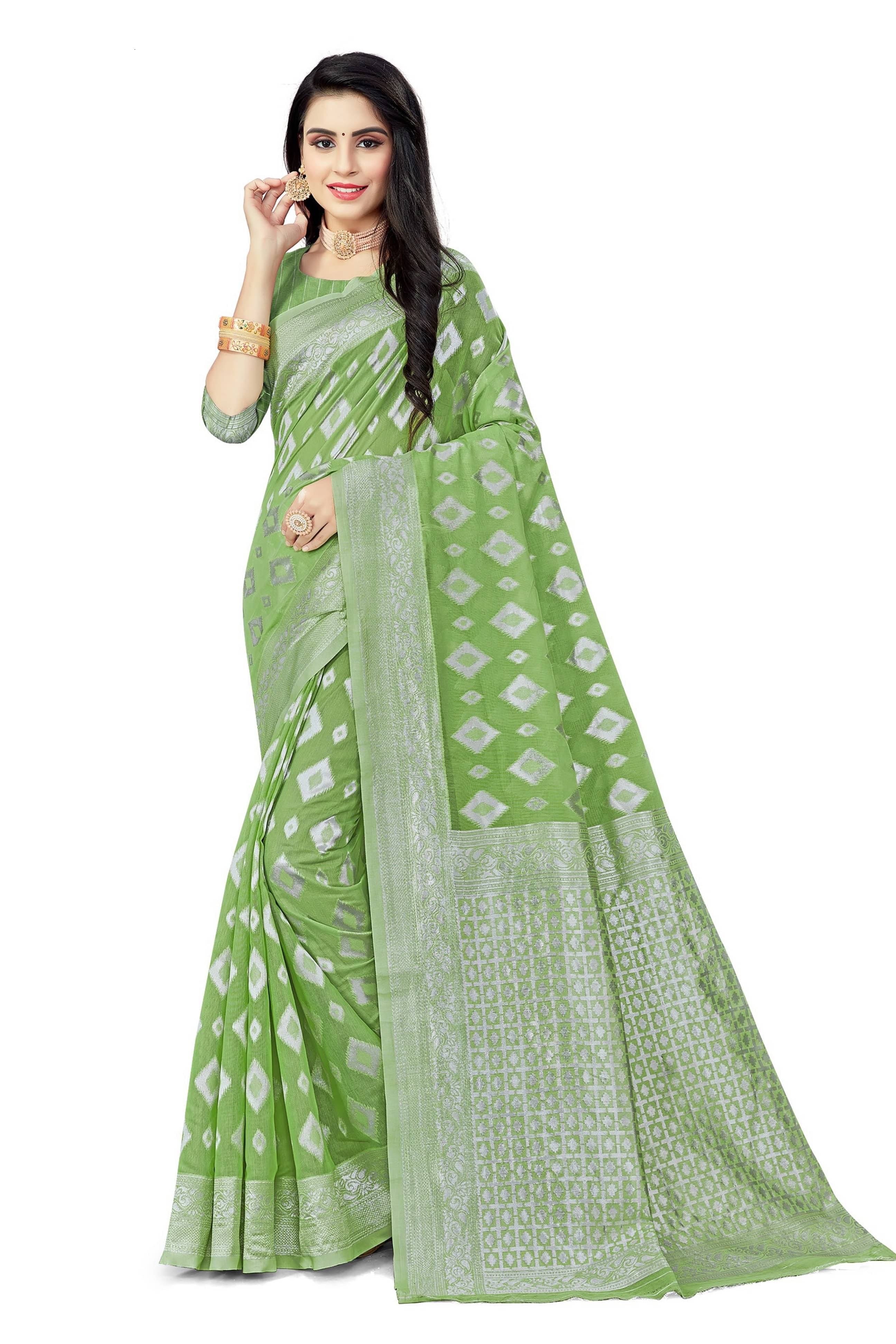     			YUGAVEERAA Cotton Embellished Saree With Unstitched Blouse Piece ( Light Green )