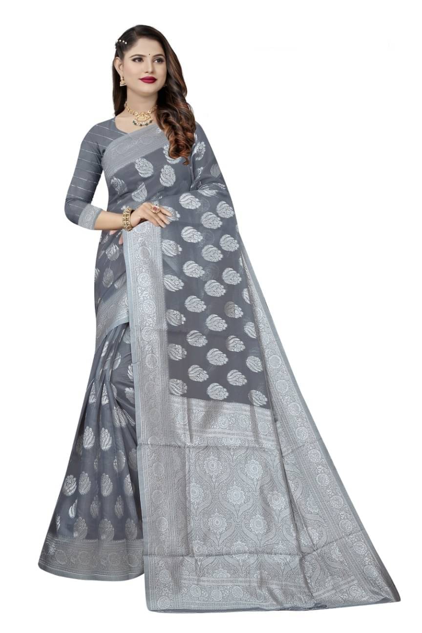 YUGAVEERAA Cotton Embellished Saree With Unstitched Blouse Piece ( Grey ) YUGAVEERAA Cotton Embellished Saree With Unstitched Blouse Piece ( Grey )