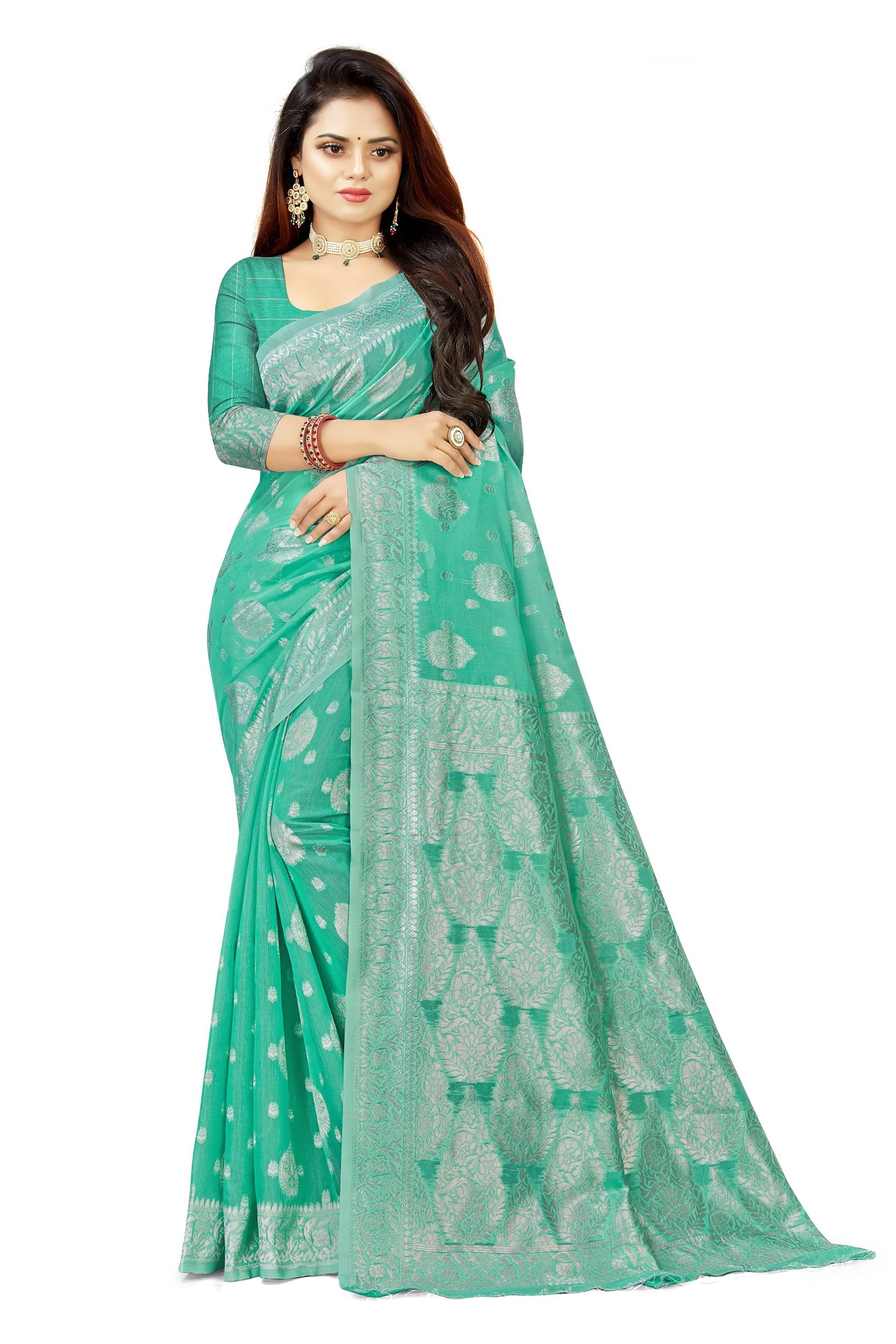 YUGAVEERAA Cotton Embellished Saree With Unstitched Blouse Piece ( Rama ) YUGAVEERAA Cotton Embellished Saree With Unstitched Blouse Piece ( Rama )