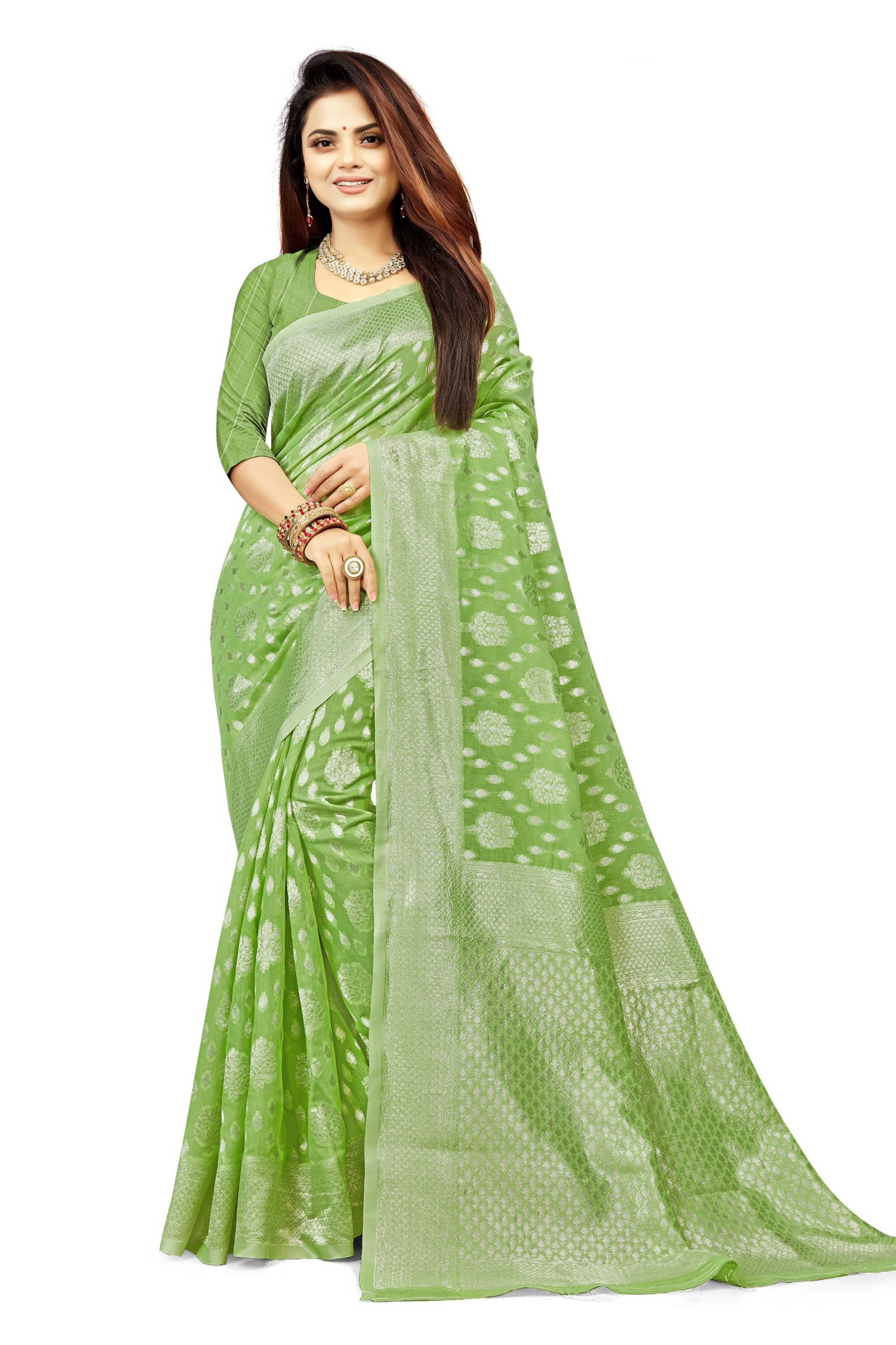     			YUGAVEERAA Cotton Embellished Saree With Unstitched Blouse Piece ( Light Green )