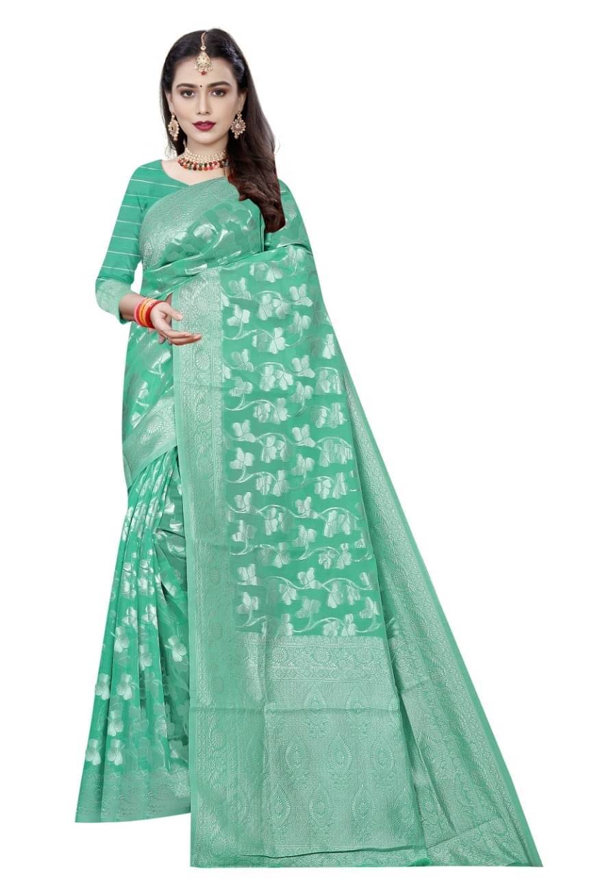 YUGAVEERAA Cotton Embellished Saree With Unstitched Blouse Piece ( Rama ) YUGAVEERAA Cotton Embellished Saree With Unstitched Blouse Piece ( Rama )
