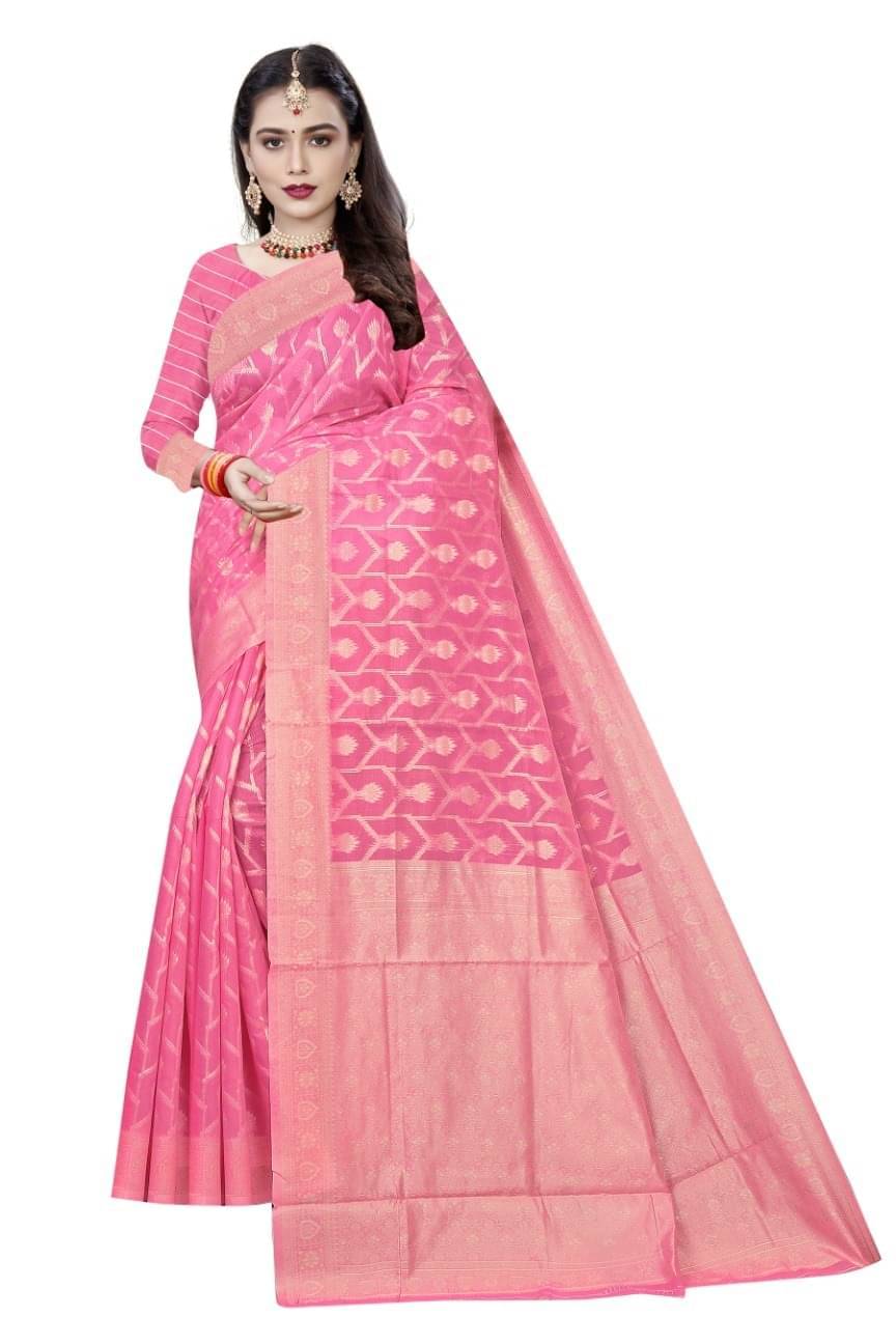 YUGAVEERAA Cotton Embellished Saree With Unstitched Blouse Piece ( Pink ) YUGAVEERAA Cotton Embellished Saree With Unstitched Blouse Piece ( Pink )