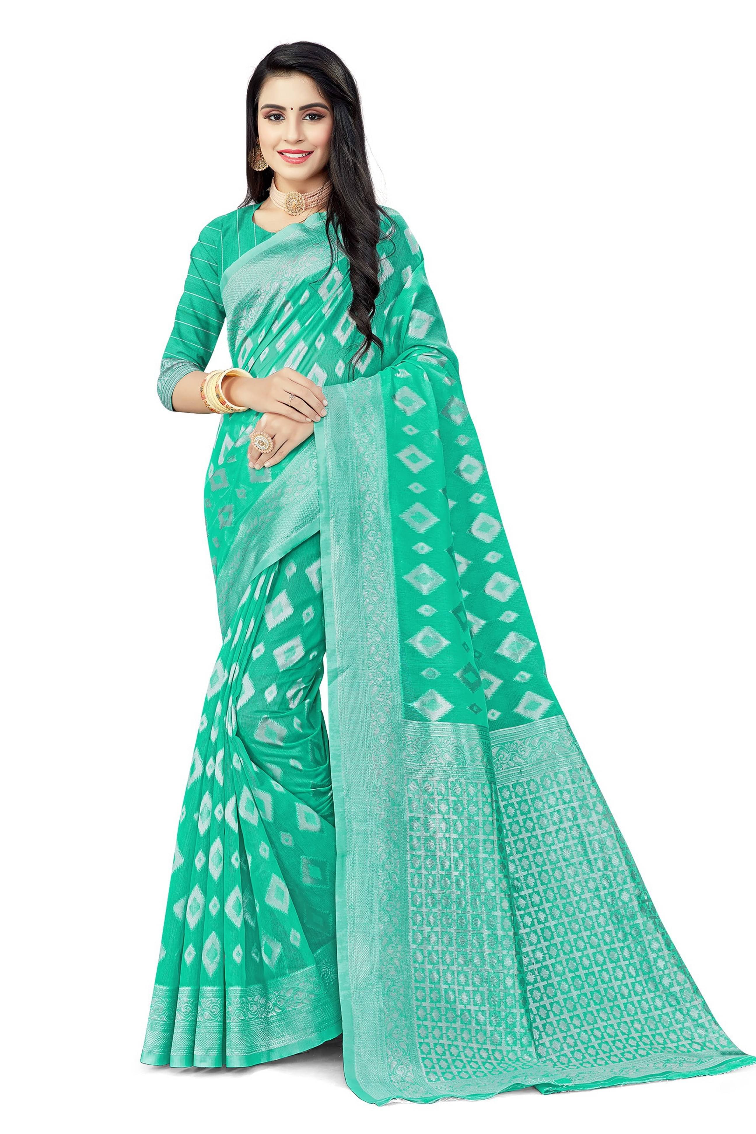 YUGAVEERAA Cotton Embellished Saree With Unstitched Blouse Piece ( Rama ) YUGAVEERAA Cotton Embellished Saree With Unstitched Blouse Piece ( Rama )
