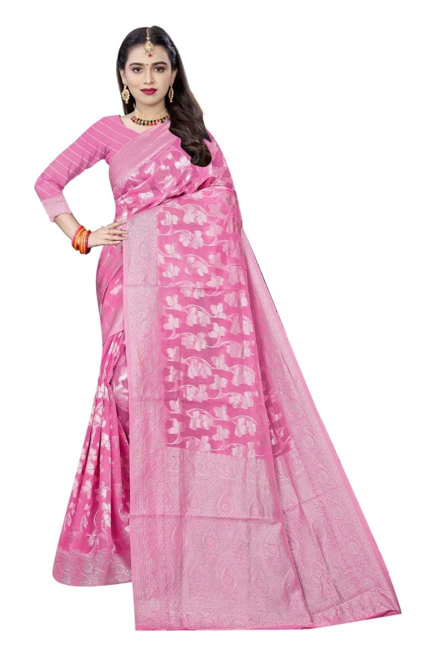 YUGAVEERAA Cotton Embellished Saree With Unstitched Blouse Piece ( Pink ) YUGAVEERAA Cotton Embellished Saree With Unstitched Blouse Piece ( Pink )