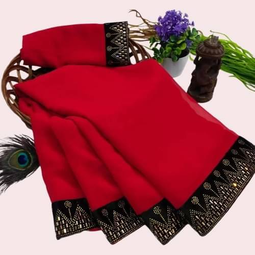     			YUGAVEERAA Georgette Embellished Saree With Unstitched Blouse Piece ( Red )