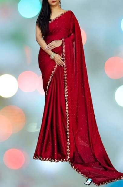     			YUGAVEERAA Georgette Embellished Saree With Unstitched Blouse Piece ( Red )