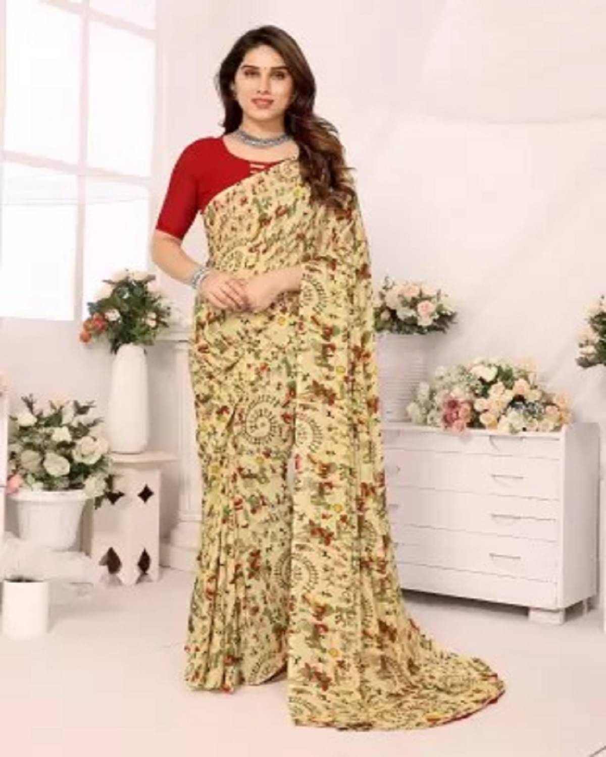 YUGAVEERAA Georgette Printed Saree With Unstitched Blouse Piece ( Cream ) YUGAVEERAA Georgette Printed Saree With Unstitched Blouse Piece ( Cream )