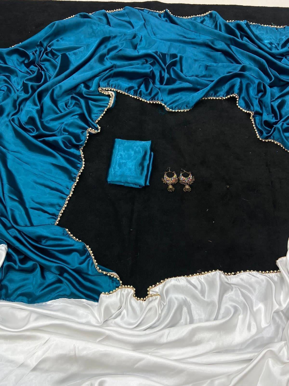 YUGAVEERAA Satin Solid Saree With Unstitched Blouse Piece ( Turquoise ) YUGAVEERAA Satin Solid Saree With Unstitched Blouse Piece ( Turquoise )