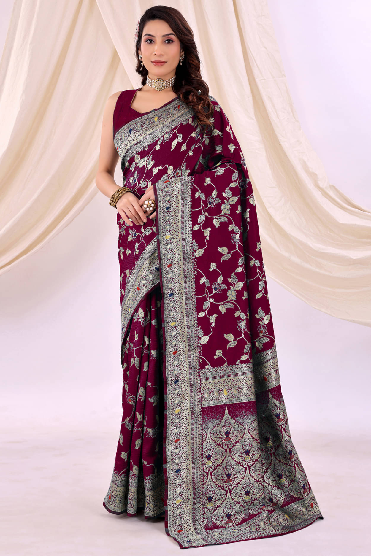 YUGAVEERAA Silk Embellished Saree With Unstitched Blouse Piece ( Wine ) YUGAVEERAA Silk Embellished Saree With Unstitched Blouse Piece ( Wine )