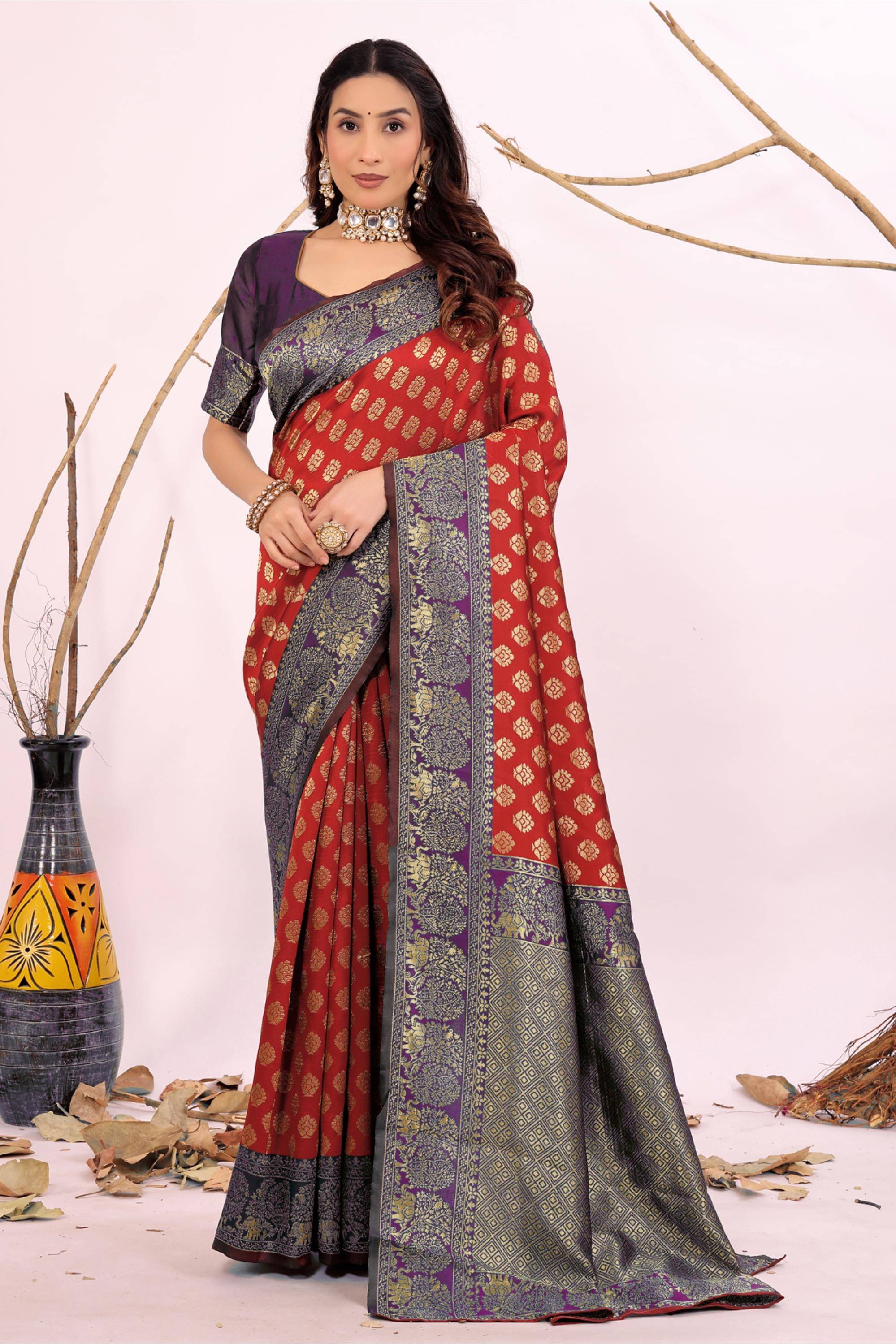 YUGAVEERAA Silk Embellished Saree With Unstitched Blouse Piece ( Rani ) YUGAVEERAA Silk Embellished Saree With Unstitched Blouse Piece ( Rani )