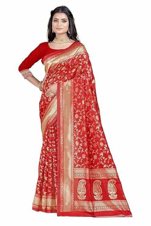 YUGAVEERAA Silk Embellished Saree With Unstitched Blouse Piece ( Red ) YUGAVEERAA Silk Embellished Saree With Unstitched Blouse Piece ( Red )