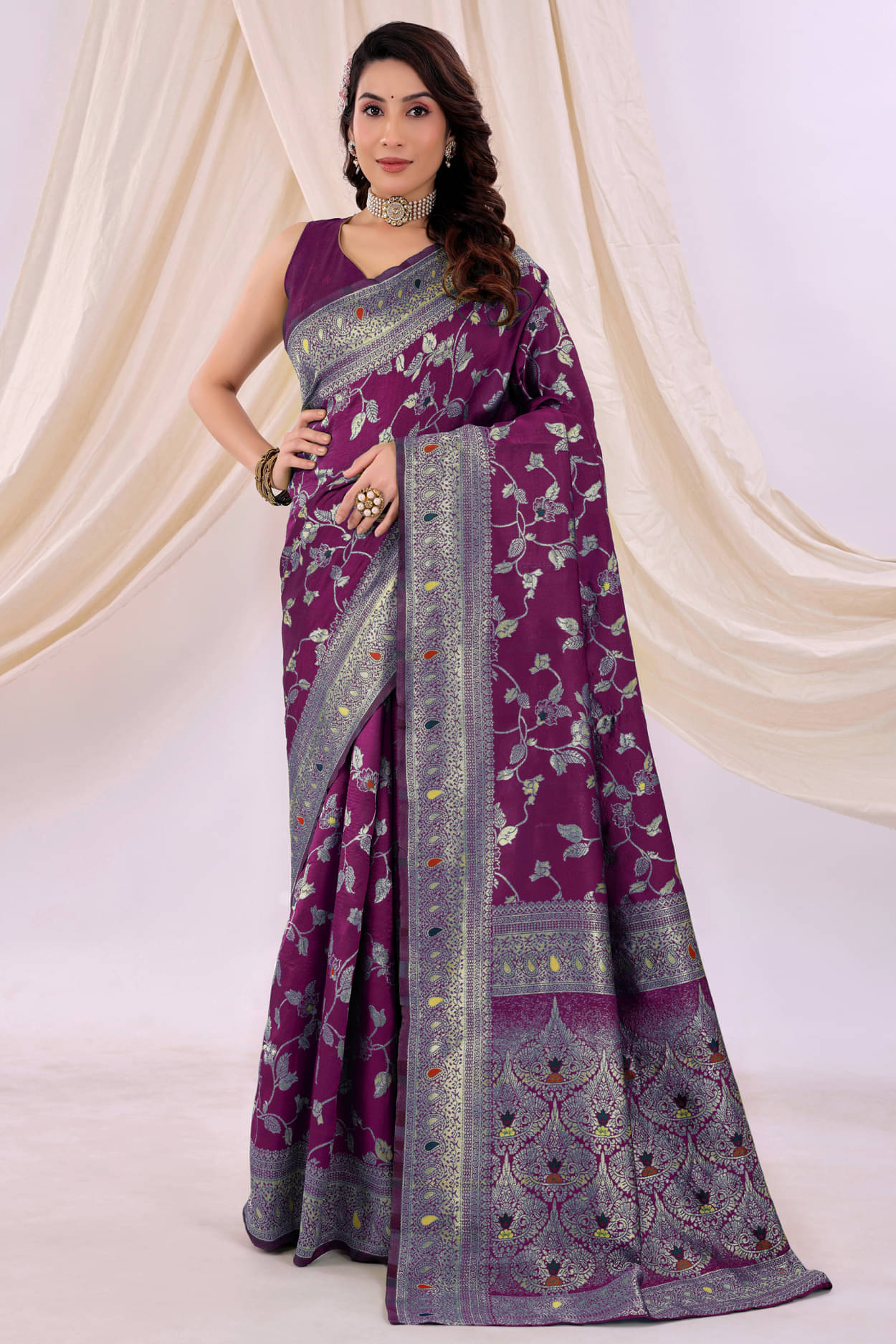 YUGAVEERAA Silk Embellished Saree With Unstitched Blouse Piece ( Magenta ) YUGAVEERAA Silk Embellished Saree With Unstitched Blouse Piece ( Magenta )