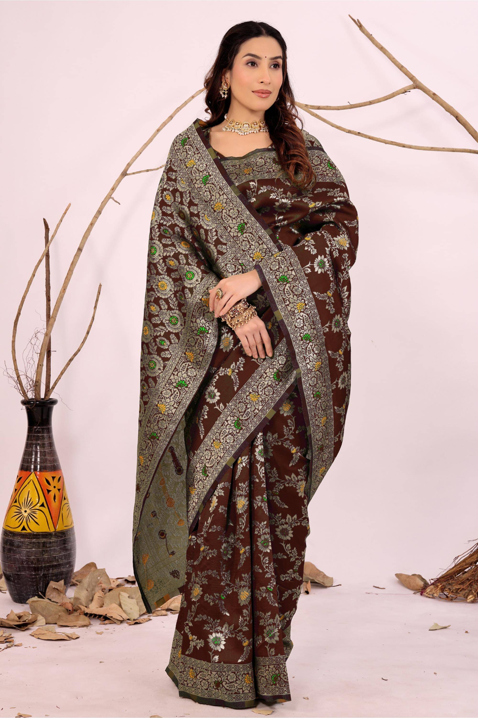 YUGAVEERAA Silk Embellished Saree With Unstitched Blouse Piece ( Brown ) YUGAVEERAA Silk Embellished Saree With Unstitched Blouse Piece ( Brown )
