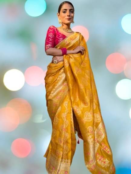 YUGAVEERAA Silk Woven Saree With Unstitched Blouse Piece ( Yellow ) YUGAVEERAA Silk Woven Saree With Unstitched Blouse Piece ( Yellow )