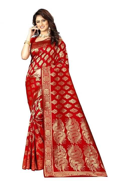 YUGAVEERAA Silk Woven Saree With Unstitched Blouse Piece ( Red ) YUGAVEERAA Silk Woven Saree With Unstitched Blouse Piece ( Red )