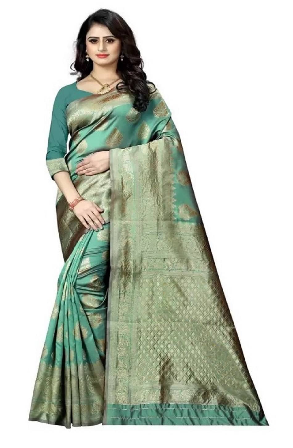 YUGAVEERAA Silk Woven Saree With Unstitched Blouse Piece ( LightGreen ) YUGAVEERAA Silk Woven Saree With Unstitched Blouse Piece ( LightGreen )