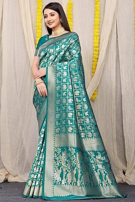 YUGAVEERAA Silk Woven Saree With Unstitched Blouse Piece ( Rama ) YUGAVEERAA Silk Woven Saree With Unstitched Blouse Piece ( Rama )
