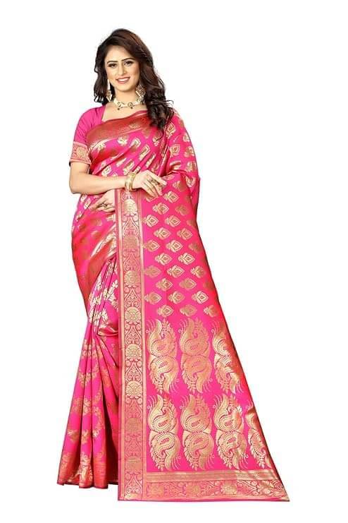     			YUGAVEERAA Silk Woven Saree With Unstitched Blouse Piece ( Rani )