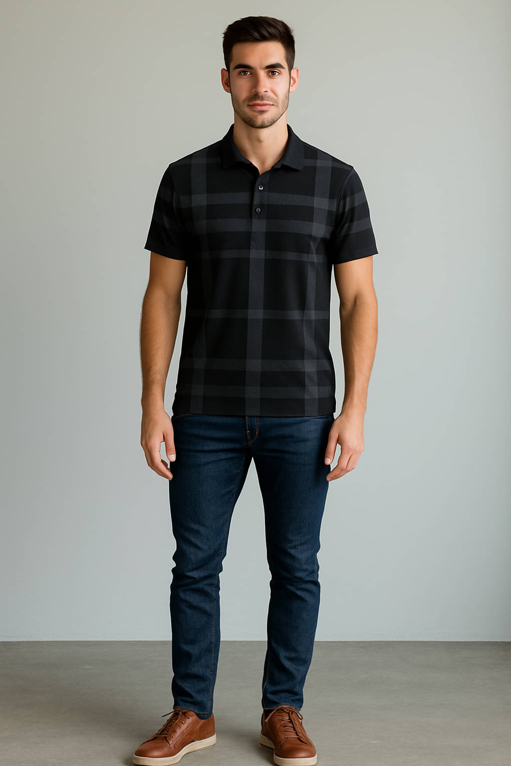     			AIN6 Men Cotton Blend Regular Fit Checks Polo T Shirt ( Black )