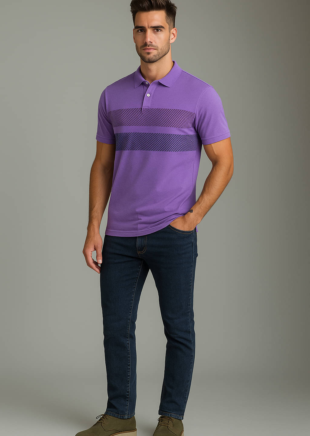     			AIN6 Men Cotton Blend Regular Fit Printed Polo T Shirt ( Lavender )