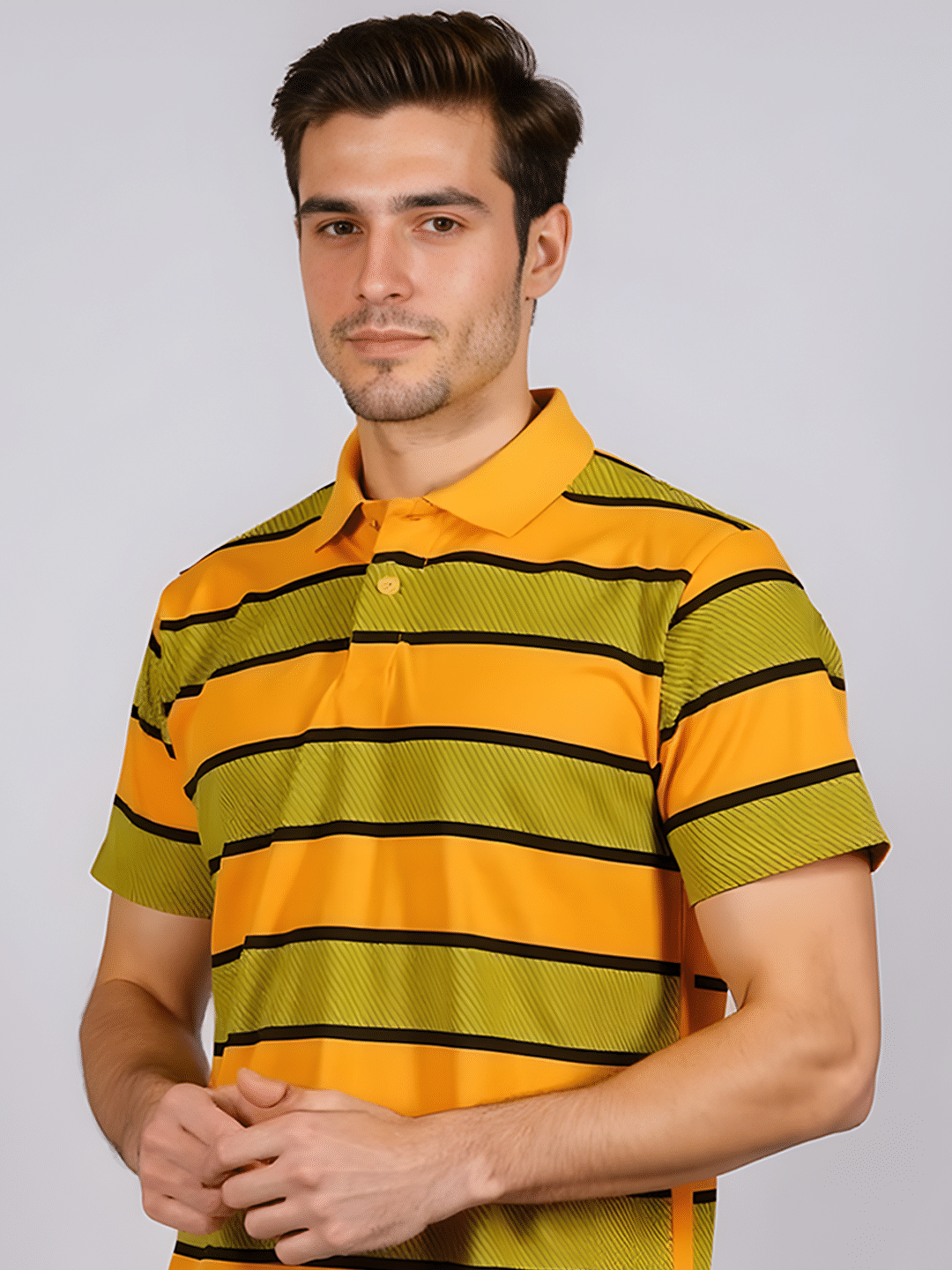     			AIN6 Men Cotton Blend Regular Fit Printed Polo T Shirt ( Mustard )