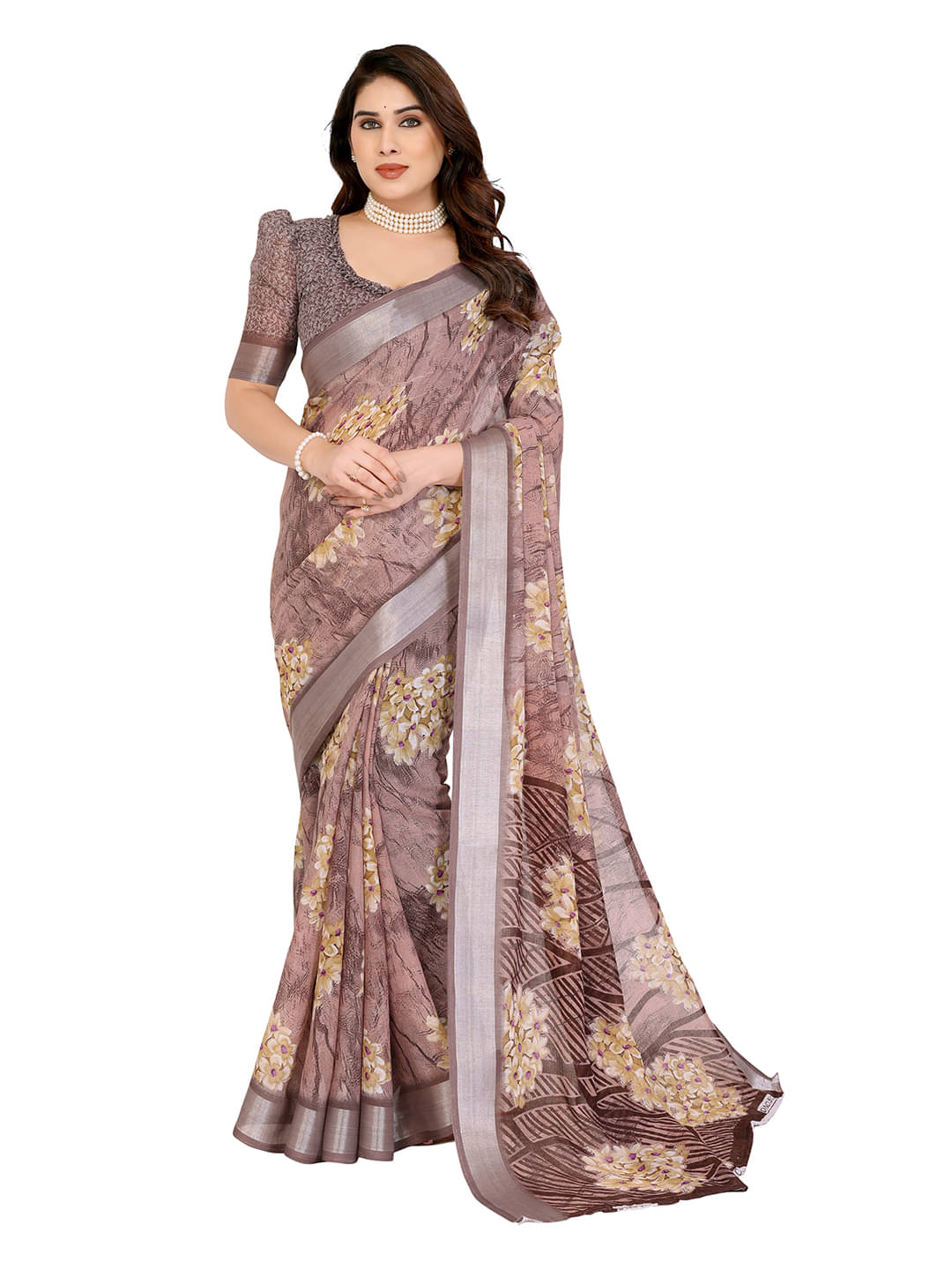     			ANAND SAREES Linen Printed Ilkal Saree With Unstitched Blouse Piece ( Brown )
