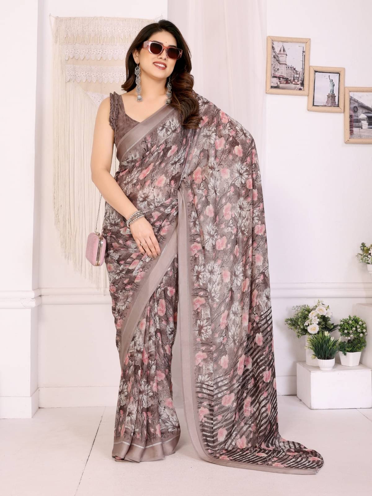 BLEESBURY Chiffon Applique Pochampally Ikkat Saree With Unstitched Blouse Piece ( Khaki ) BLEESBURY Chiffon Applique Pochampally Ikkat Saree With Unstitched Blouse Piece ( Khaki )