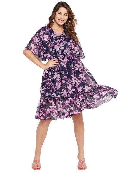     			Bitterlime Women Georgette Printed Fit & Flare Dress ( Blue )