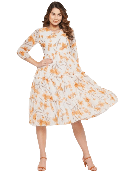     			Bitterlime Women Georgette Printed Fit & Flare Dress ( Mustard )