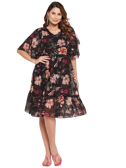     			Bitterlime Women Georgette Printed Fit & Flare Dress ( Black )