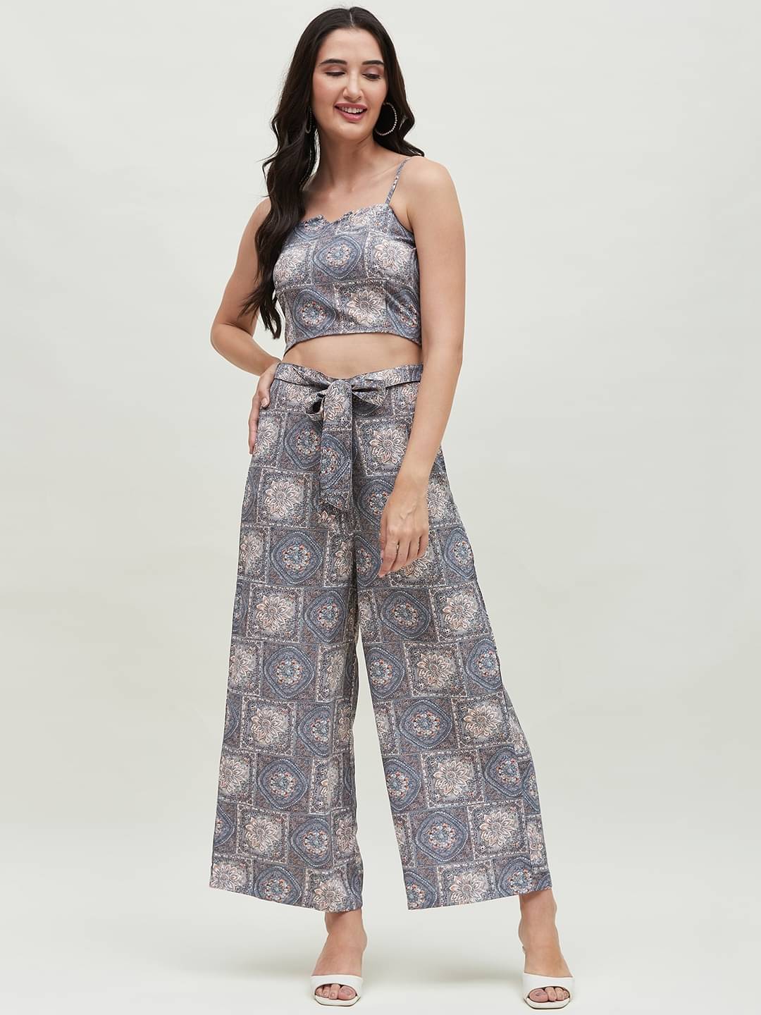     			Bitterlime Women Printed Top With Palazzos Co-Ord Set ( Grey )