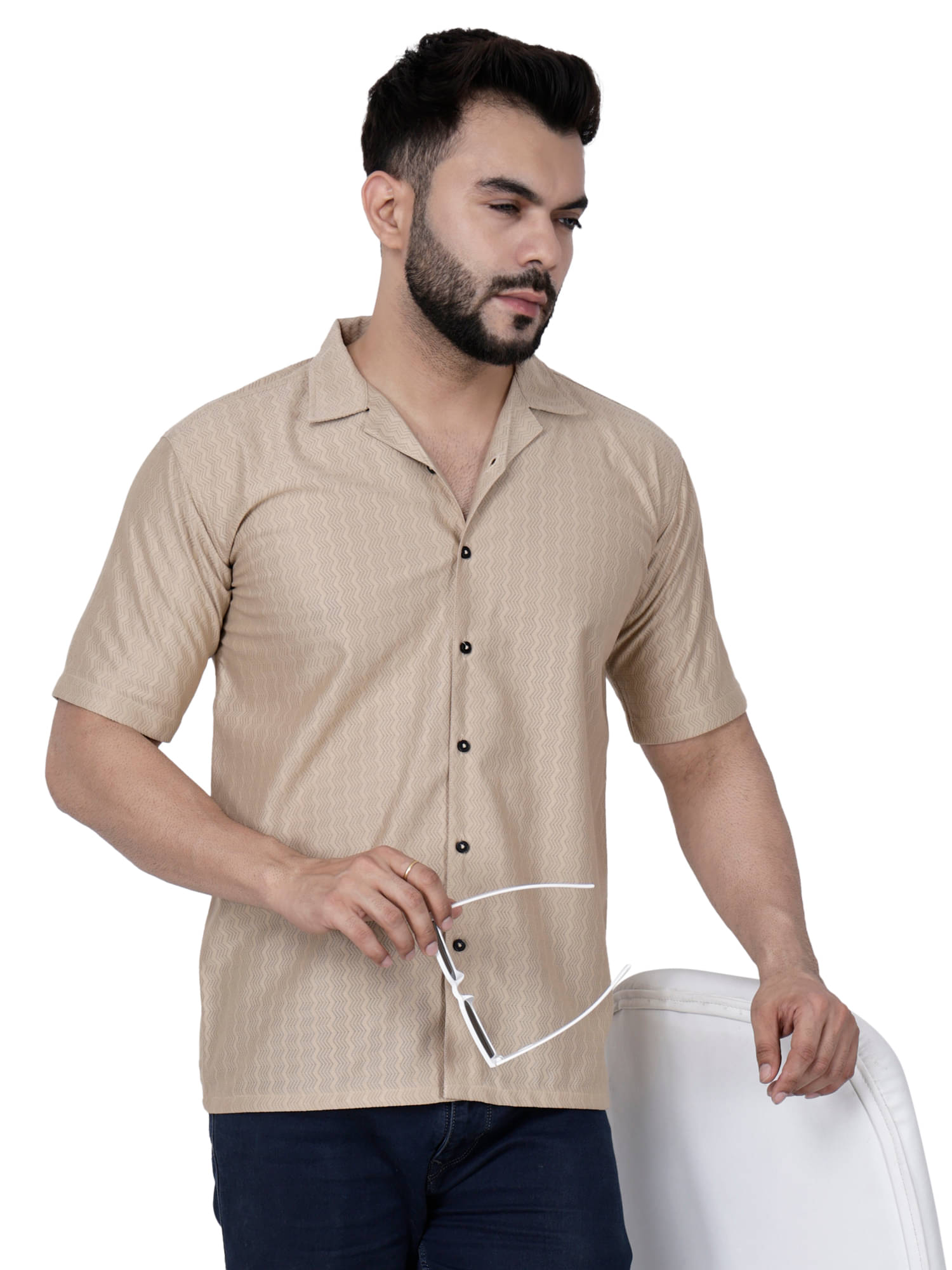     			Comey 100% Cotton Oversized Fit Self Design Half Sleeves Men's Casual Shirt - Beige ( Pack of 1 )