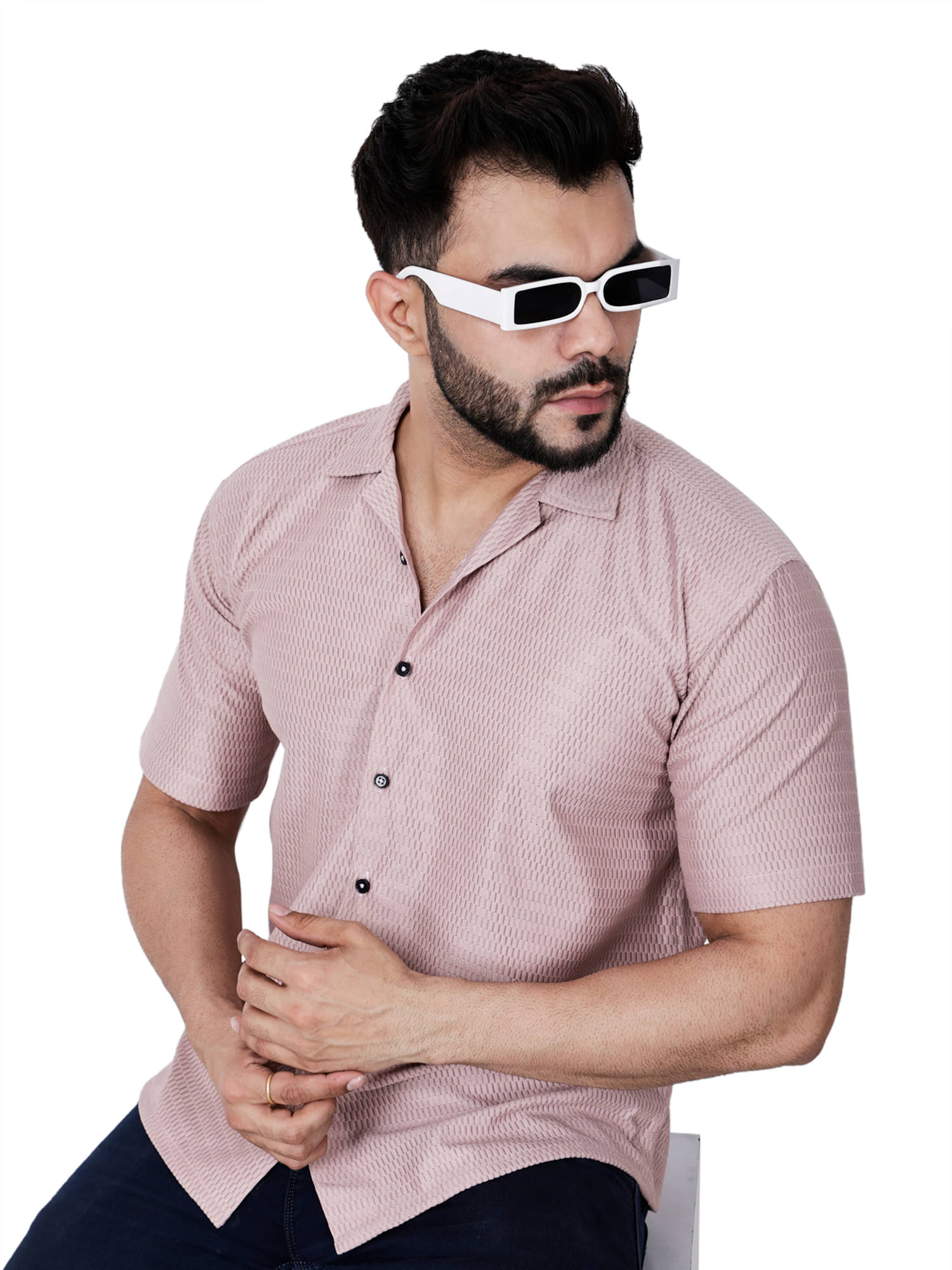     			Comey 100% Cotton Oversized Fit Self Design Half Sleeves Men's Casual Shirt - Pink ( Pack of 1 )