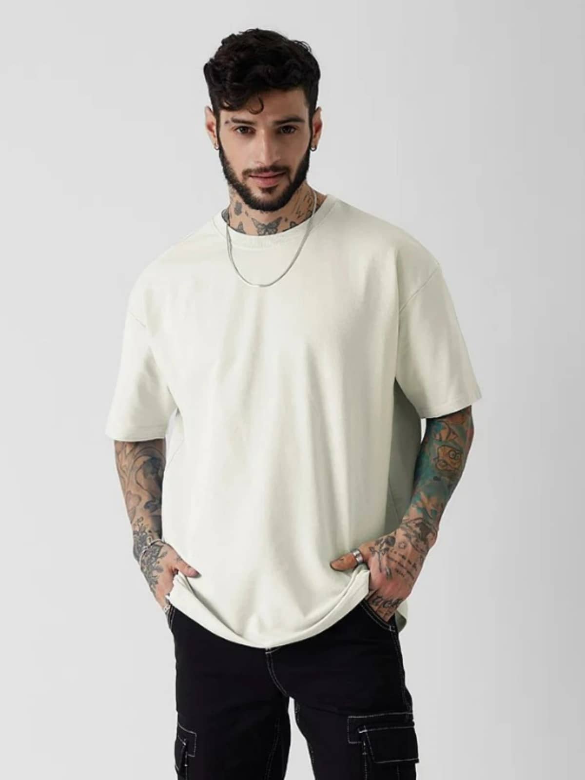 CrazyBee Men Cotton Blend Oversized Fit Solid T-Shirt ( Beige )